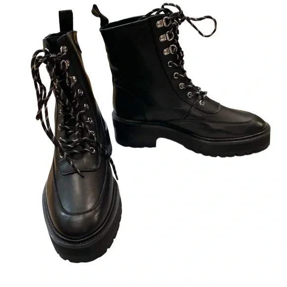 NWT The Kooples High Top Black Leather Biker Combat Boots In Ranger Style Size 8 - Picture 7 of 16